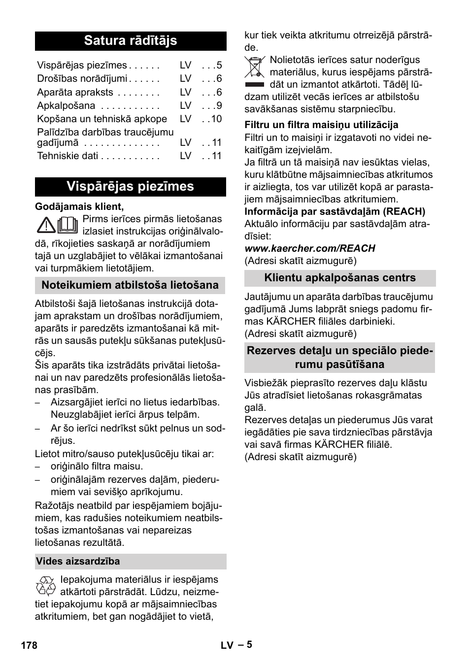 Latviešu, Satura rādītājs, Vispārējas piezīmes | Karcher WD 5-500 M User Manual | Page 178 / 212