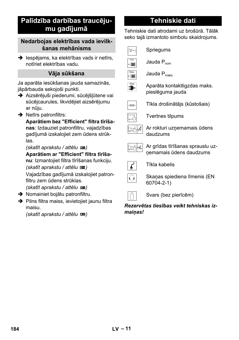 Palīdzība darbības traucēju- mu gadījumā, Tehniskie dati | Karcher WD 5-500 M User Manual | Page 184 / 212