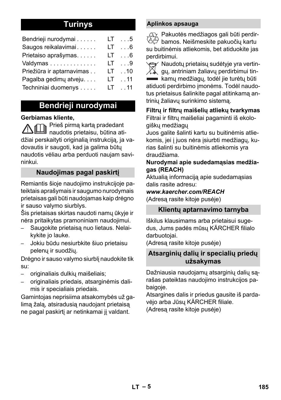 Lietuviškai, Turinys, Bendrieji nurodymai | Karcher WD 5-500 M User Manual | Page 185 / 212
