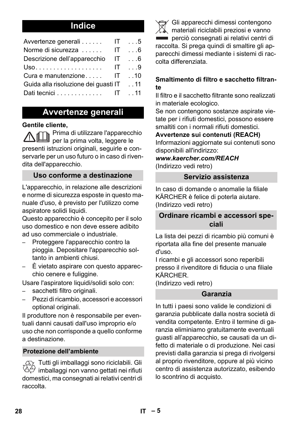 Italiano, Indice, Avvertenze generali | Karcher WD 5-500 M User Manual | Page 28 / 212