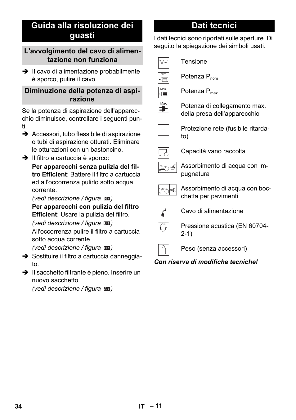 Guida alla risoluzione dei guasti, Dati tecnici | Karcher WD 5-500 M User Manual | Page 34 / 212