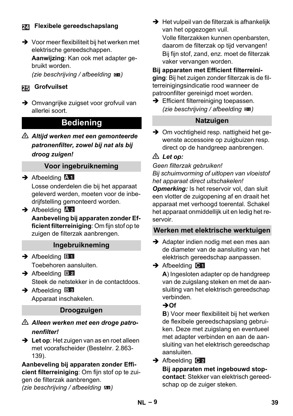 Bediening | Karcher WD 5-500 M User Manual | Page 39 / 212