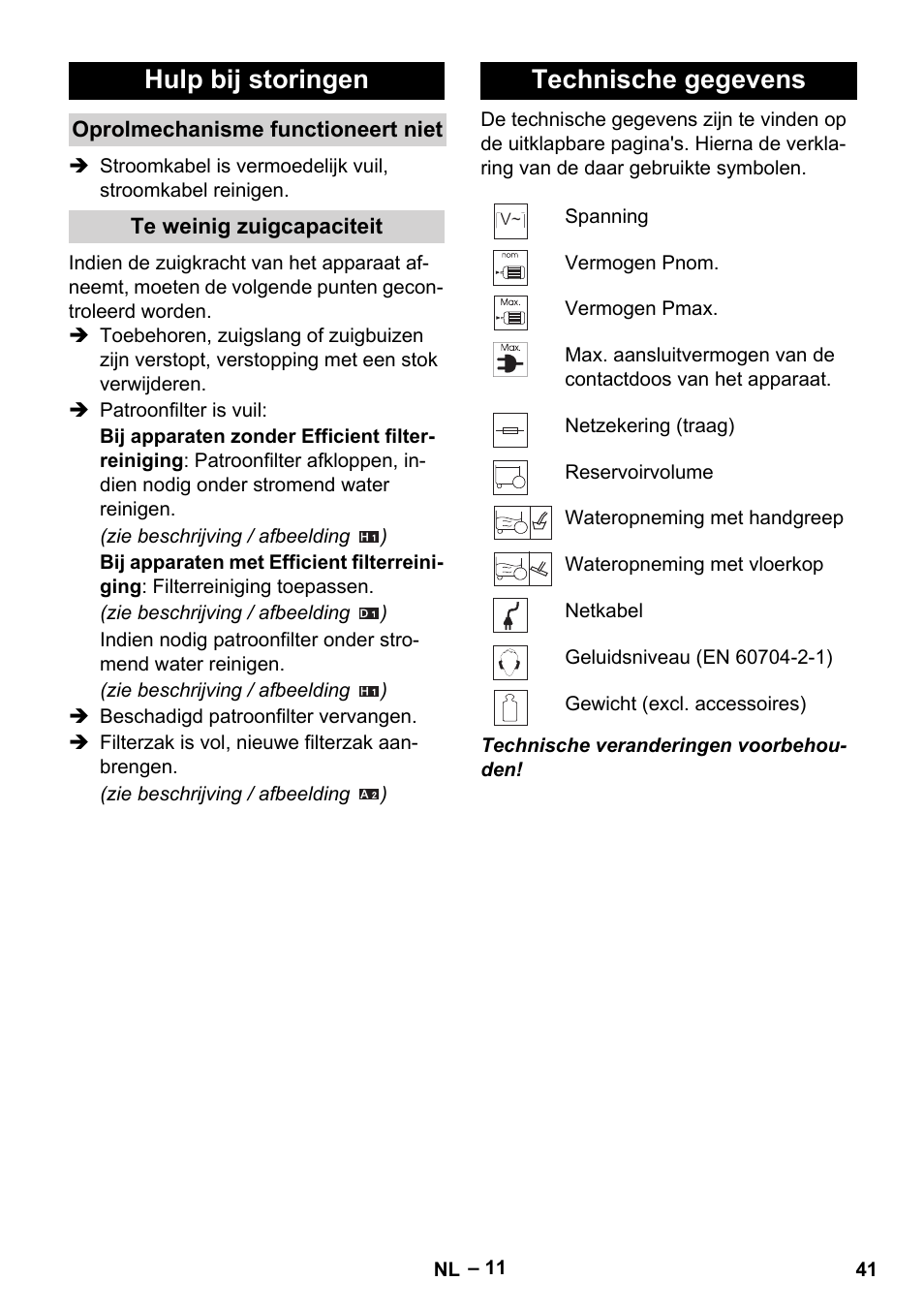 Hulp bij storingen, Technische gegevens | Karcher WD 5-500 M User Manual | Page 41 / 212