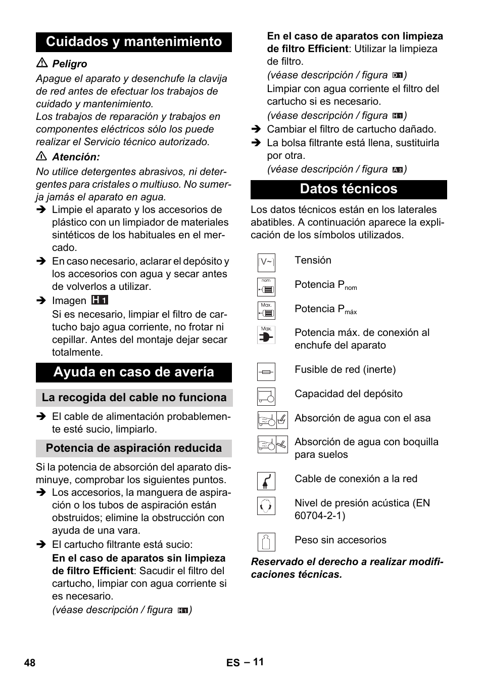 Cuidados y mantenimiento ayuda en caso de avería, Datos técnicos | Karcher WD 5-500 M User Manual | Page 48 / 212