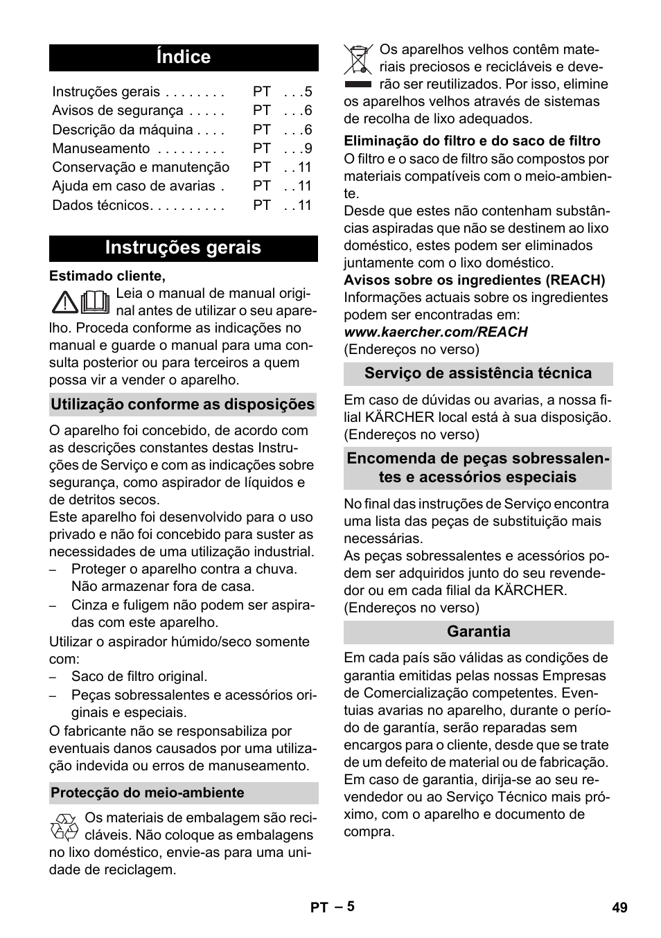 Português, Índice, Instruções gerais | Karcher WD 5-500 M User Manual | Page 49 / 212