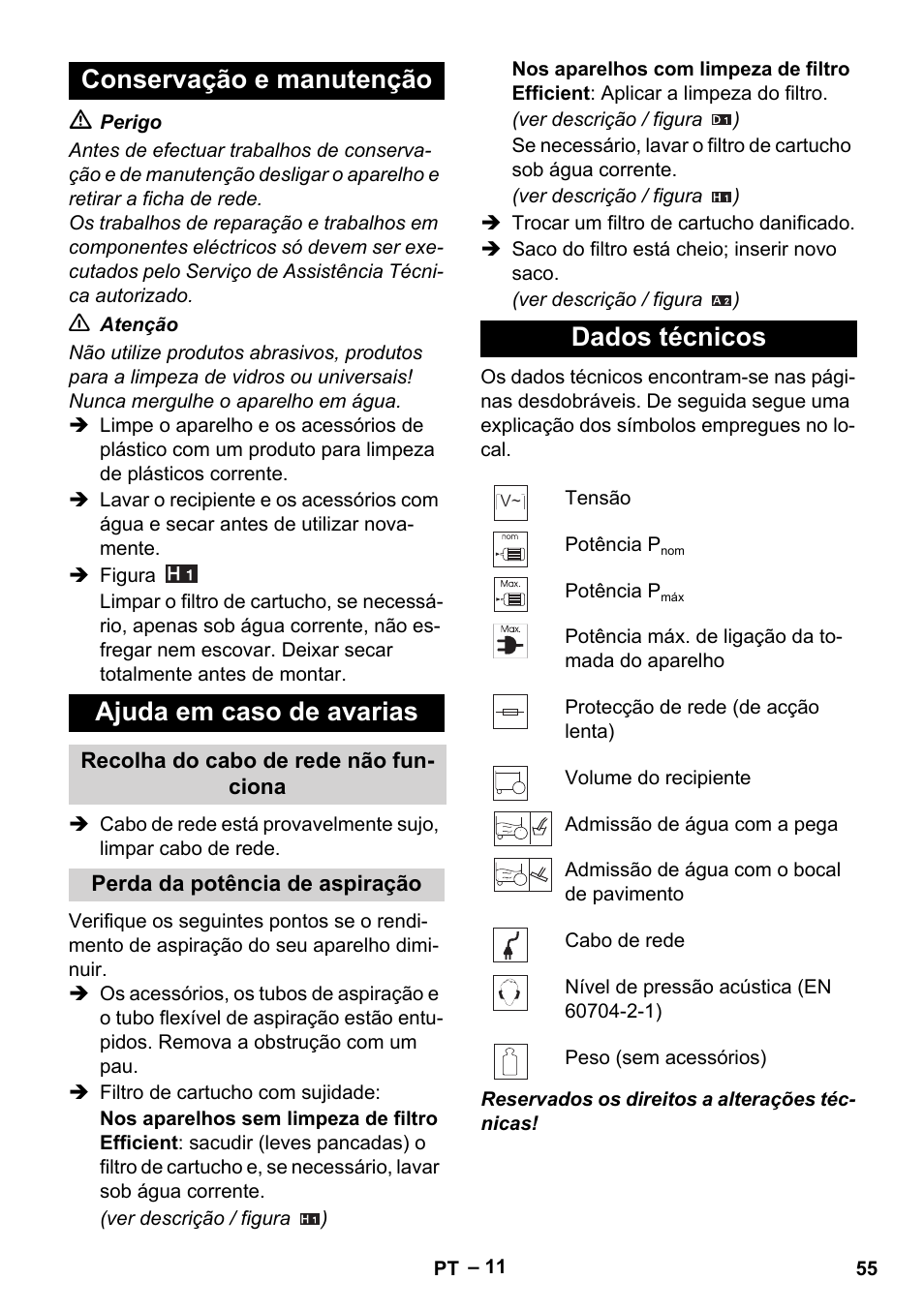 Conservação e manutenção ajuda em caso de avarias, Dados técnicos | Karcher WD 5-500 M User Manual | Page 55 / 212