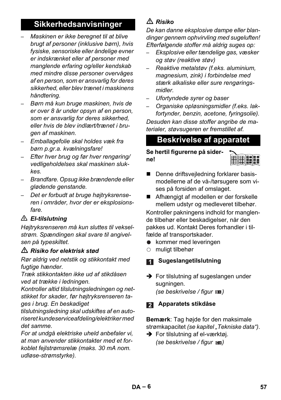 Sikkerhedsanvisninger beskrivelse af apparatet | Karcher WD 5-500 M User Manual | Page 57 / 212