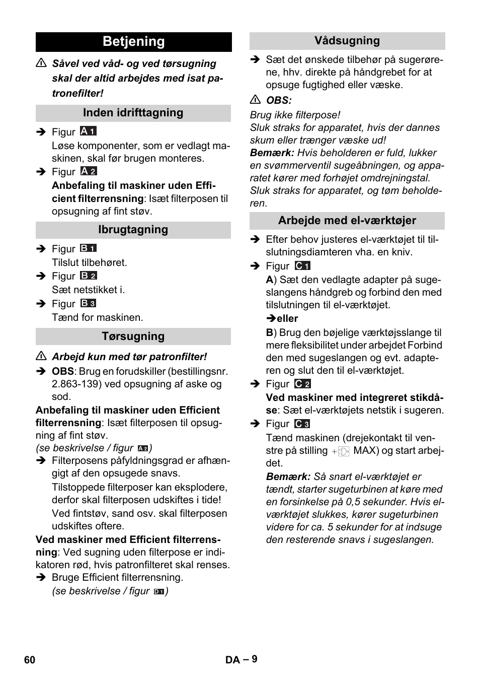 Betjening | Karcher WD 5-500 M User Manual | Page 60 / 212