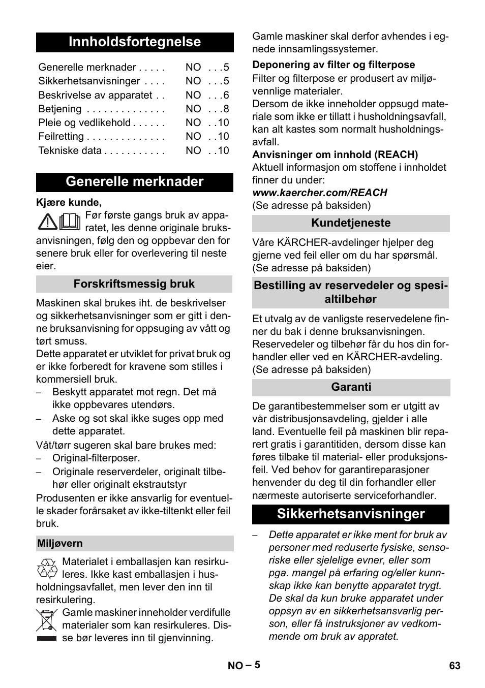 Norsk, Innholdsfortegnelse, Generelle merknader | Sikkerhetsanvisninger | Karcher WD 5-500 M User Manual | Page 63 / 212