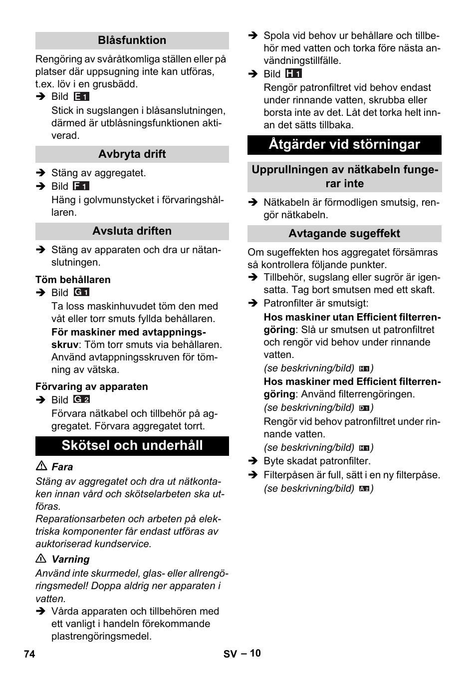 Skötsel och underhåll åtgärder vid störningar | Karcher WD 5-500 M User Manual | Page 74 / 212