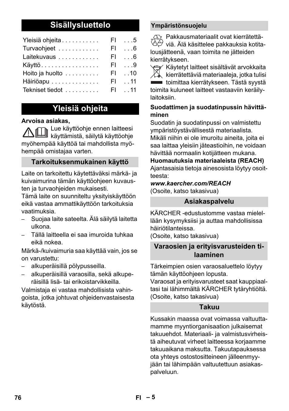 Suomi, Sisällysluettelo, Yleisiä ohjeita | Karcher WD 5-500 M User Manual | Page 76 / 212