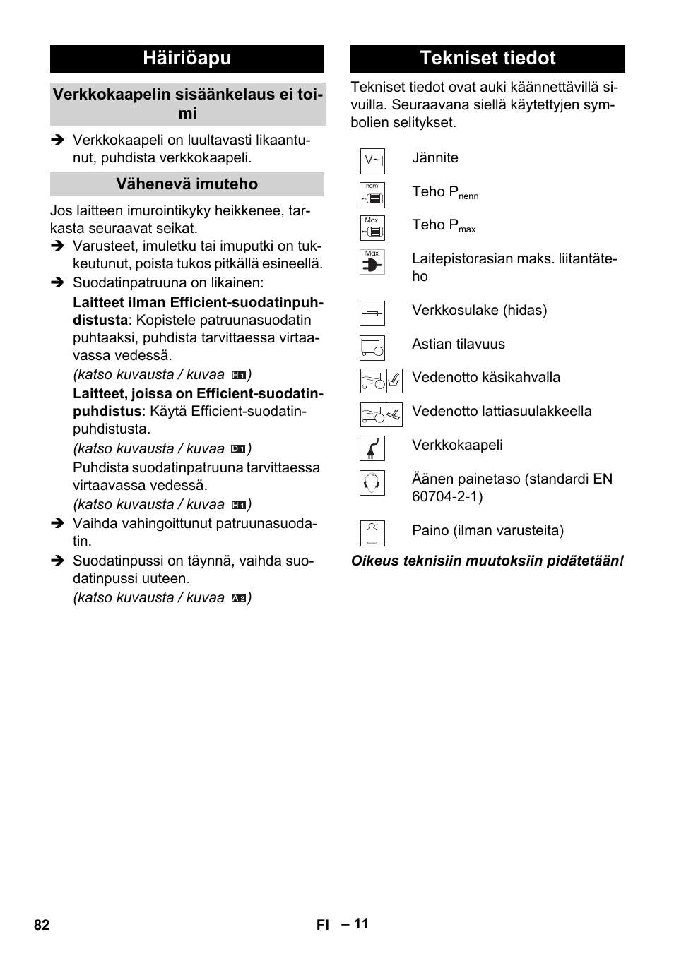 Häiriöapu, Tekniset tiedot | Karcher WD 5-500 M User Manual | Page 82 / 212