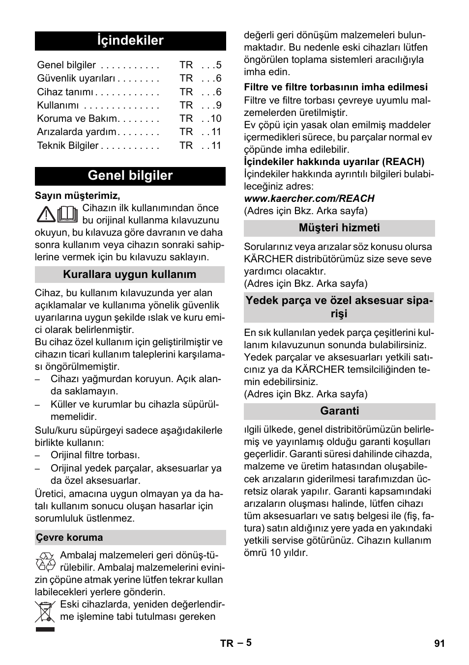 Türkçe, Içindekiler, Genel bilgiler | Karcher WD 5-500 M User Manual | Page 91 / 212