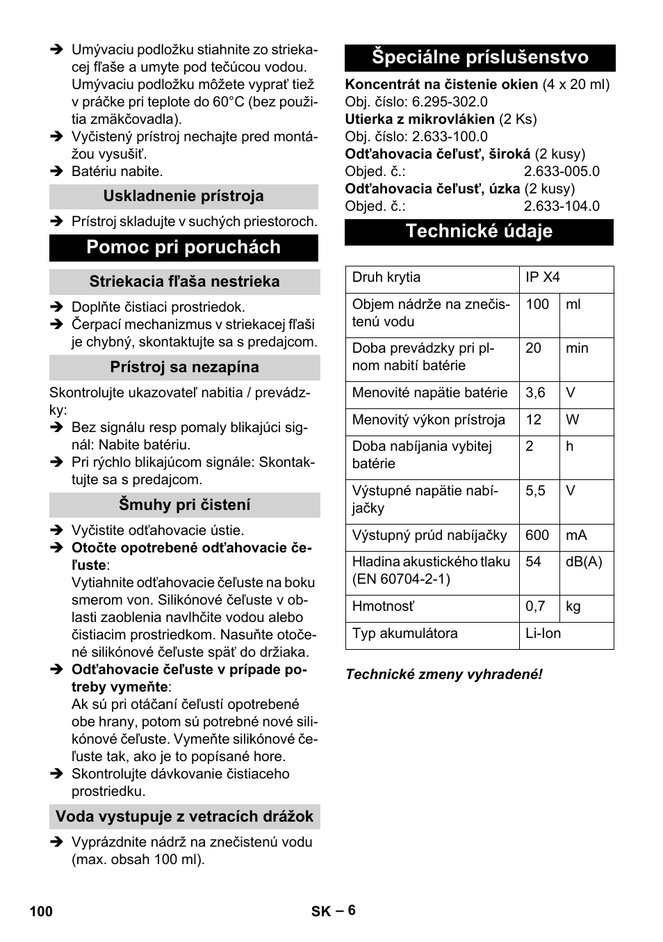 Pomoc pri poruchách, Špeciálne príslušenstvo technické údaje | Karcher WV 75 plus User Manual | Page 100 / 144