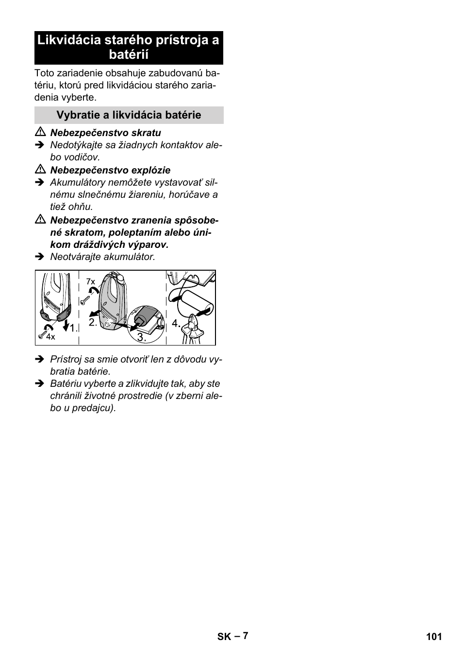 Likvidácia starého prístroja a batérií | Karcher WV 75 plus User Manual | Page 101 / 144