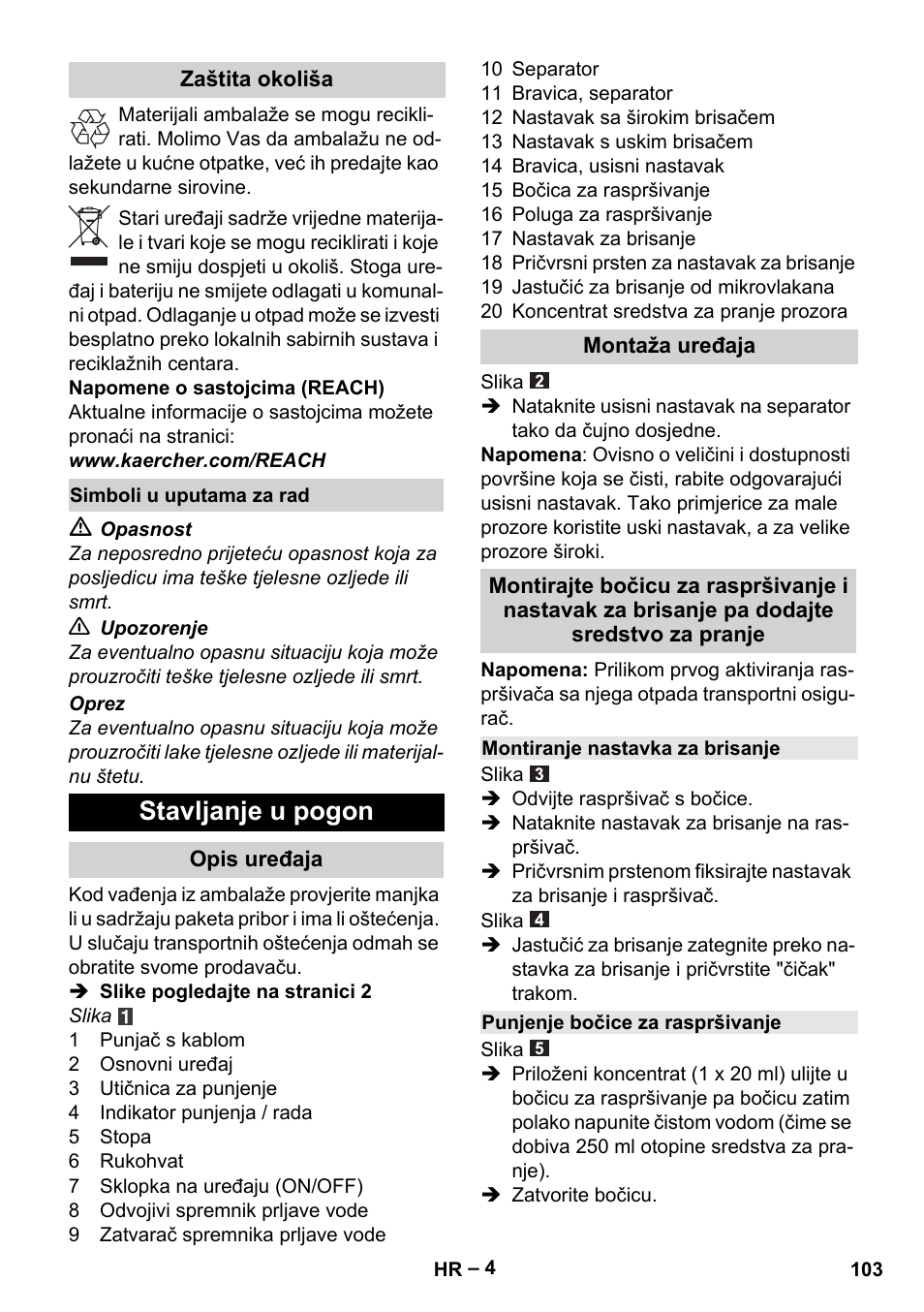 Stavljanje u pogon | Karcher WV 75 plus User Manual | Page 103 / 144