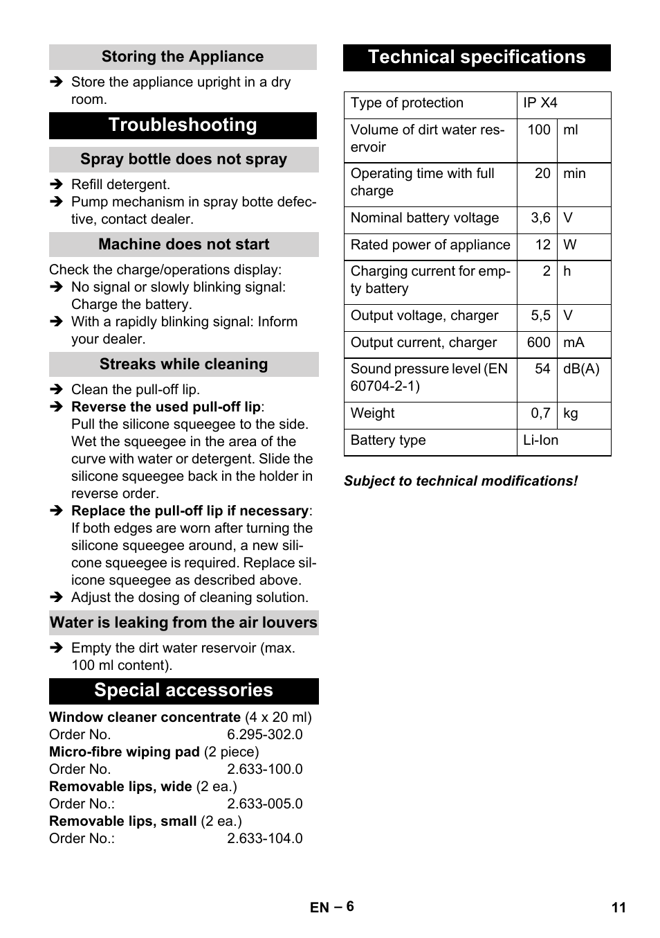 Troubleshooting, Special accessories technical specifications | Karcher WV 75 plus User Manual | Page 11 / 144