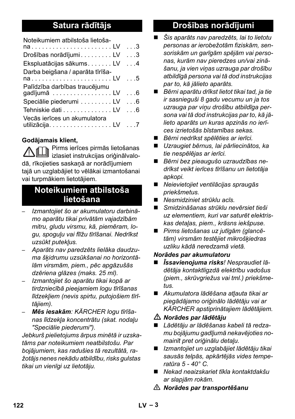 Latviešu, Satura rādītājs | Karcher WV 75 plus User Manual | Page 122 / 144