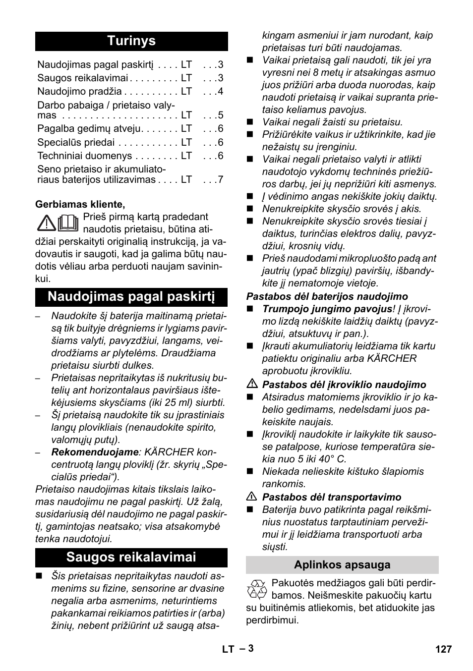 Lietuviškai, Turinys, Naudojimas pagal paskirtį saugos reikalavimai | Karcher WV 75 plus User Manual | Page 127 / 144