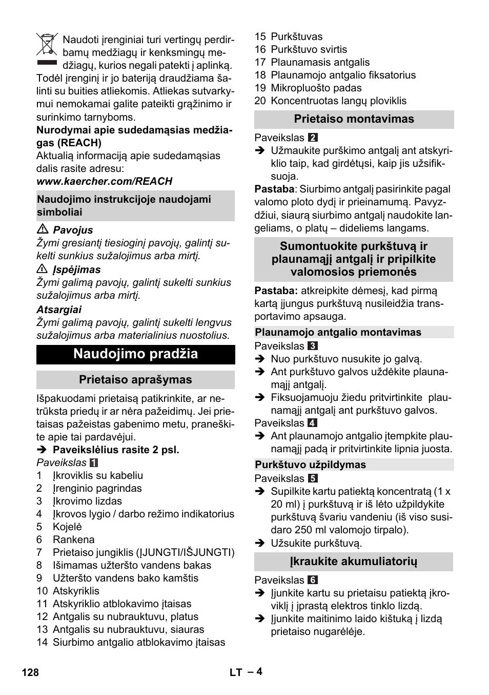 Naudojimo pradžia | Karcher WV 75 plus User Manual | Page 128 / 144