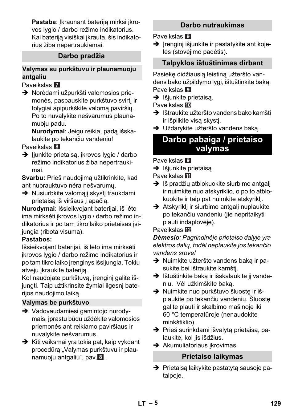 Darbo pabaiga / prietaiso valymas | Karcher WV 75 plus User Manual | Page 129 / 144