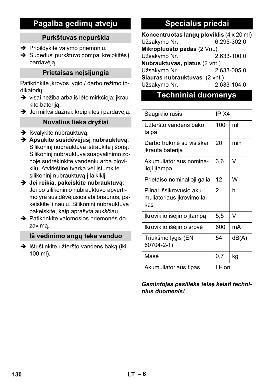 Pagalba gedimų atveju, Specialūs priedai techniniai duomenys | Karcher WV 75 plus User Manual | Page 130 / 144