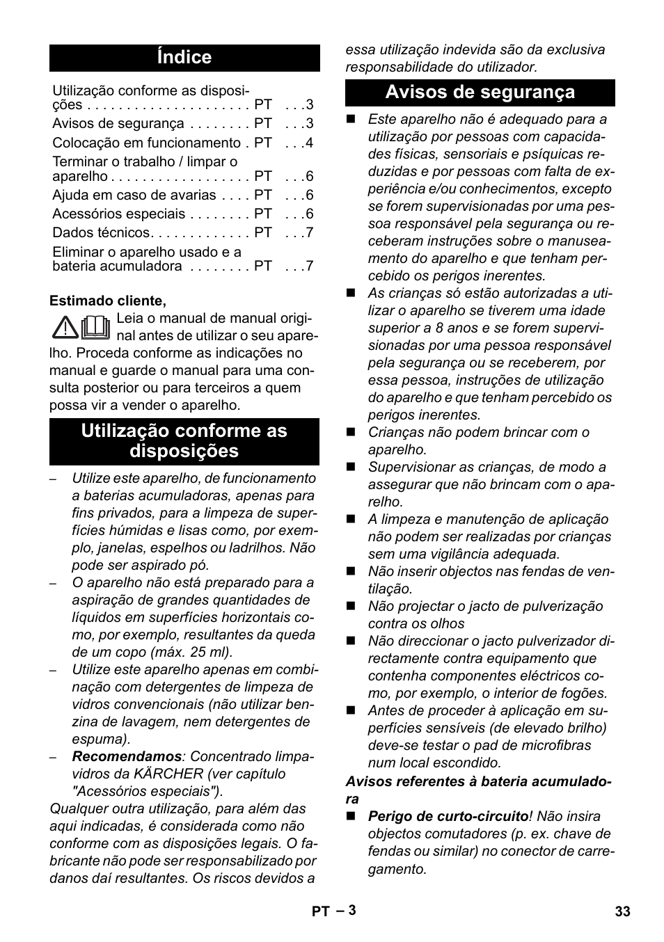 Português, Índice | Karcher WV 75 plus User Manual | Page 33 / 144