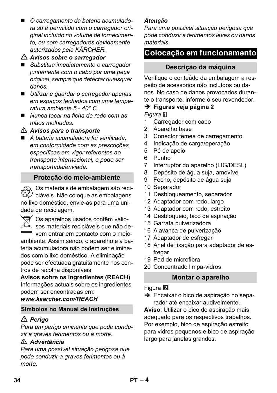 Colocação em funcionamento | Karcher WV 75 plus User Manual | Page 34 / 144