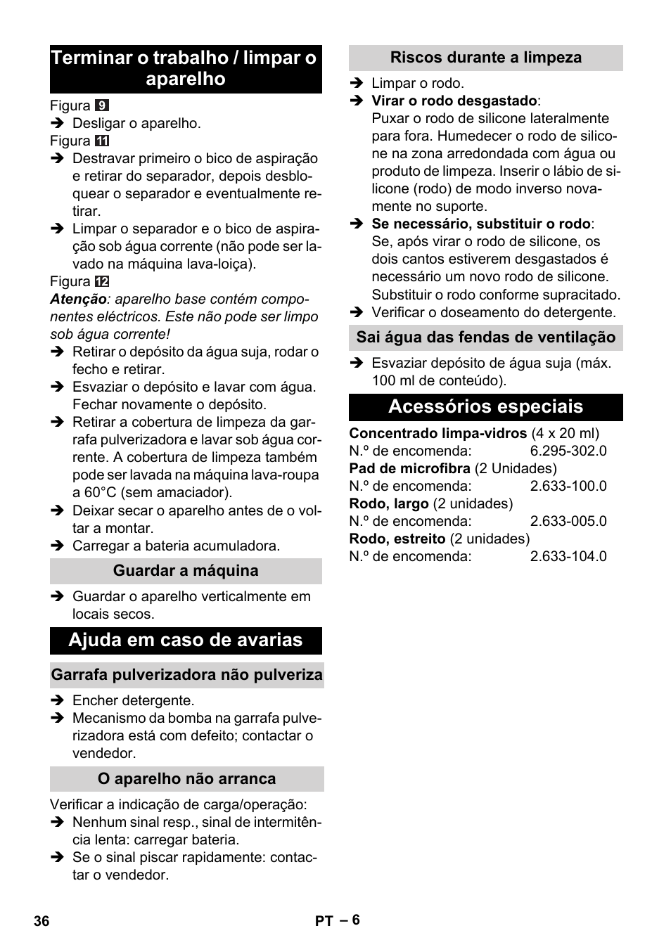 Terminar o trabalho / limpar o aparelho, Ajuda em caso de avarias, Acessórios especiais | Karcher WV 75 plus User Manual | Page 36 / 144