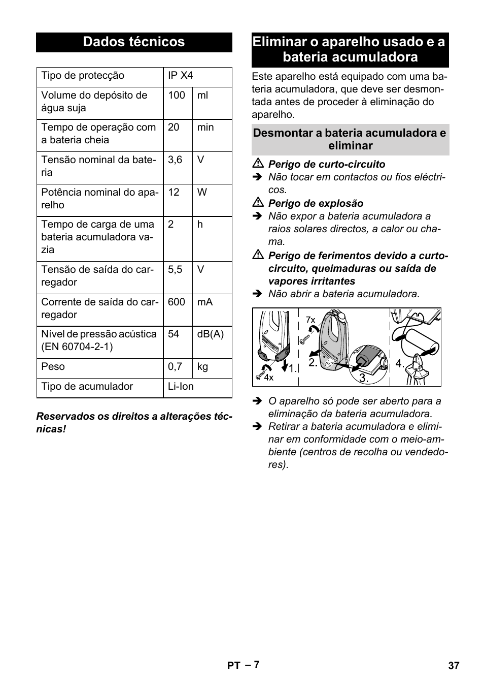 Dados técnicos, Eliminar o aparelho usado e a bateria acumuladora | Karcher WV 75 plus User Manual | Page 37 / 144