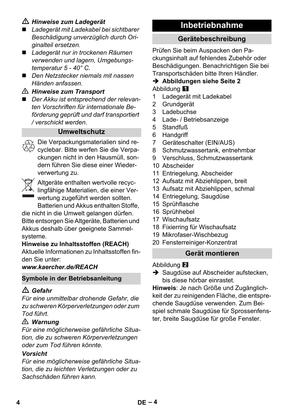 Inbetriebnahme | Karcher WV 75 plus User Manual | Page 4 / 144