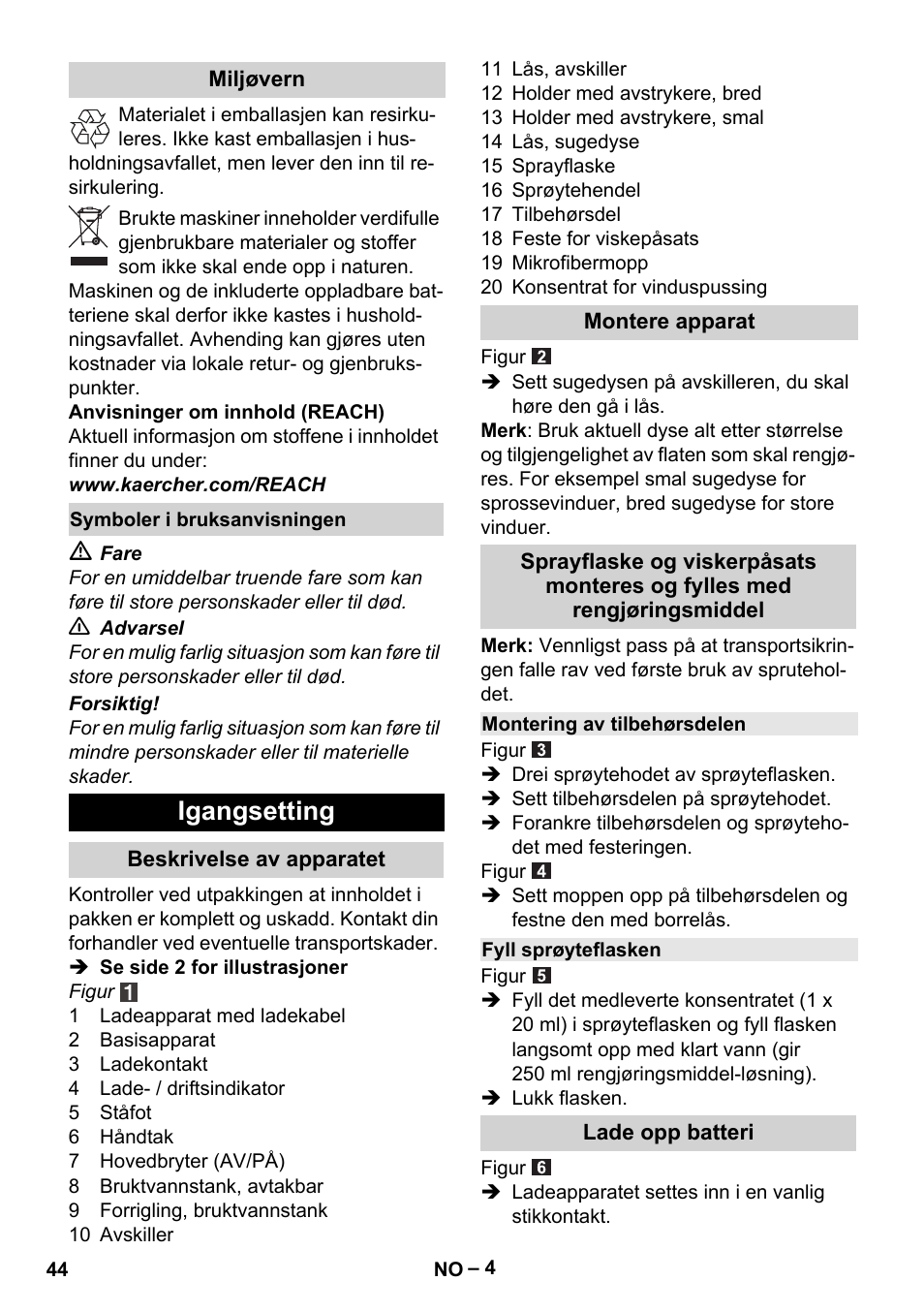 Igangsetting | Karcher WV 75 plus User Manual | Page 44 / 144