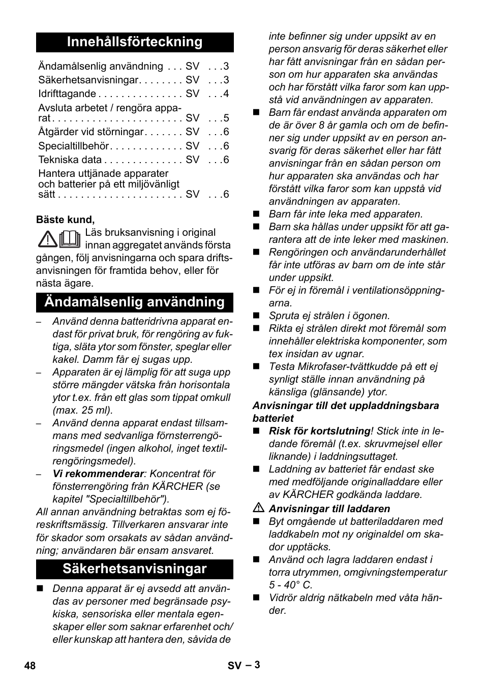 Svenska, Innehållsförteckning, Ändamålsenlig användning säkerhetsanvisningar | Karcher WV 75 plus User Manual | Page 48 / 144