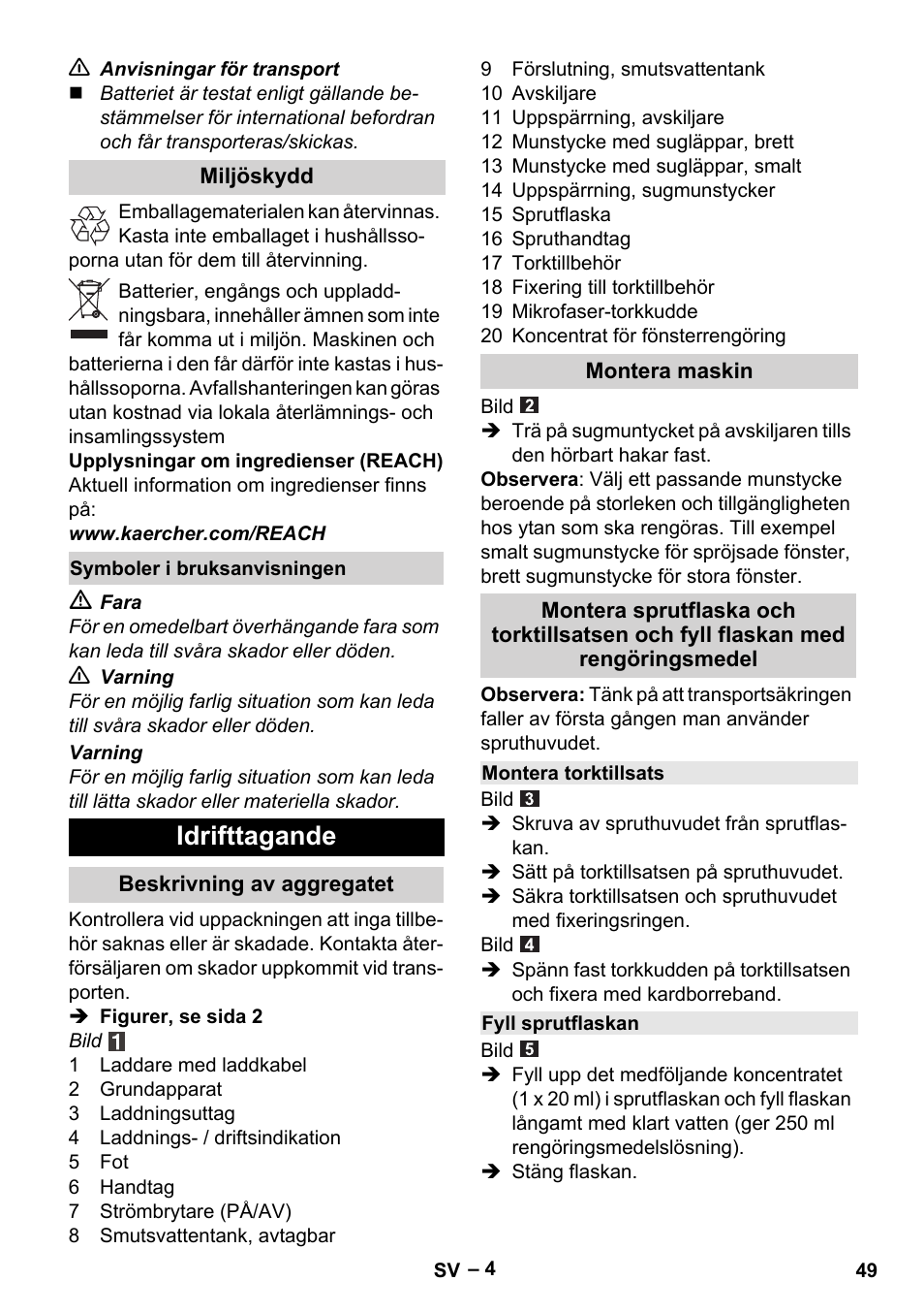 Idrifttagande | Karcher WV 75 plus User Manual | Page 49 / 144