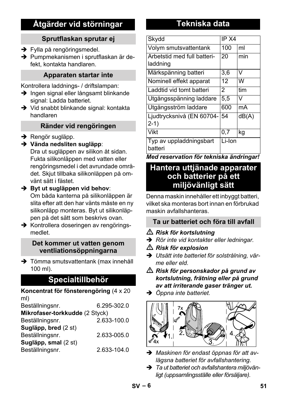 Åtgärder vid störningar, Specialtillbehör tekniska data | Karcher WV 75 plus User Manual | Page 51 / 144