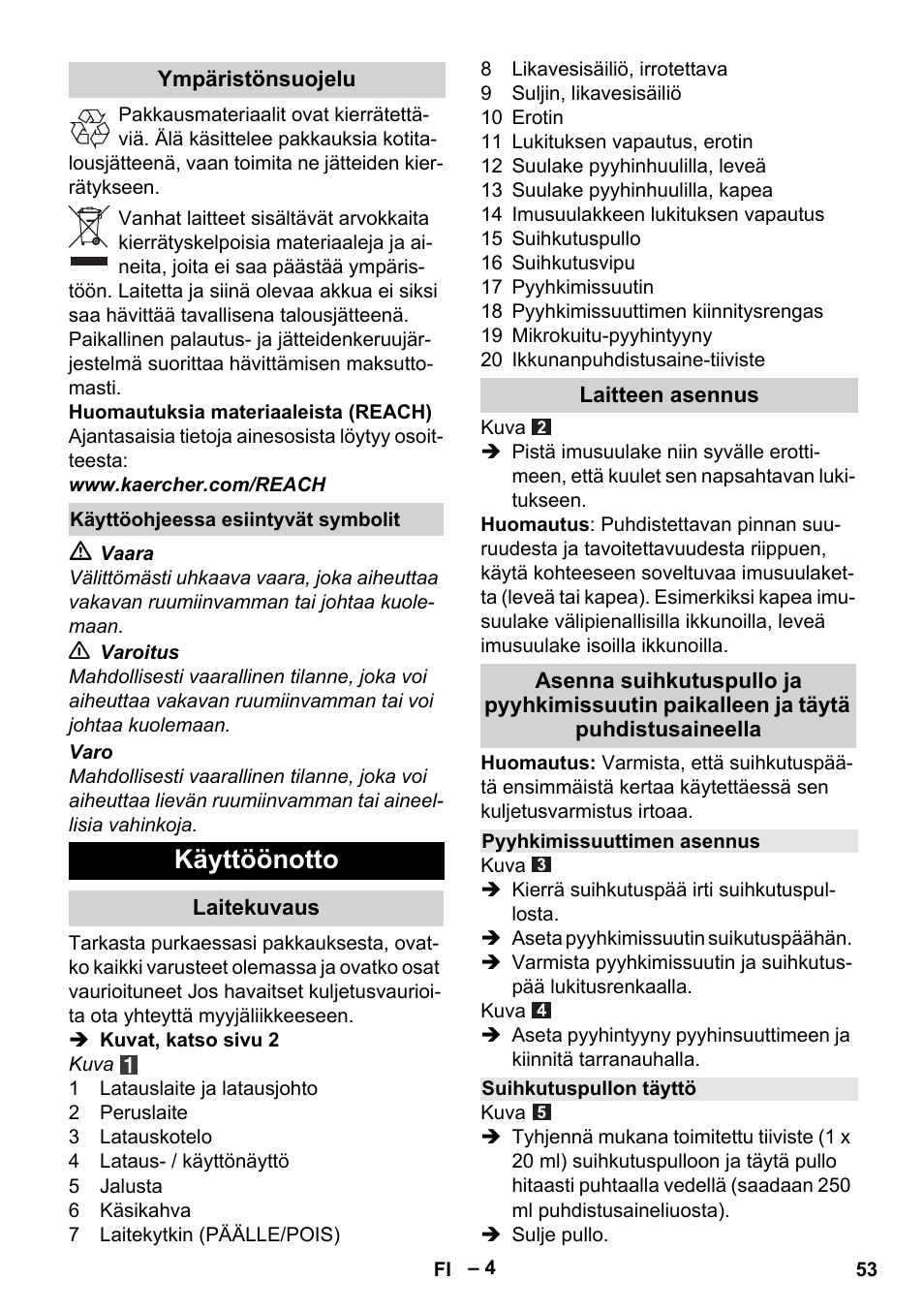 Käyttöönotto | Karcher WV 75 plus User Manual | Page 53 / 144