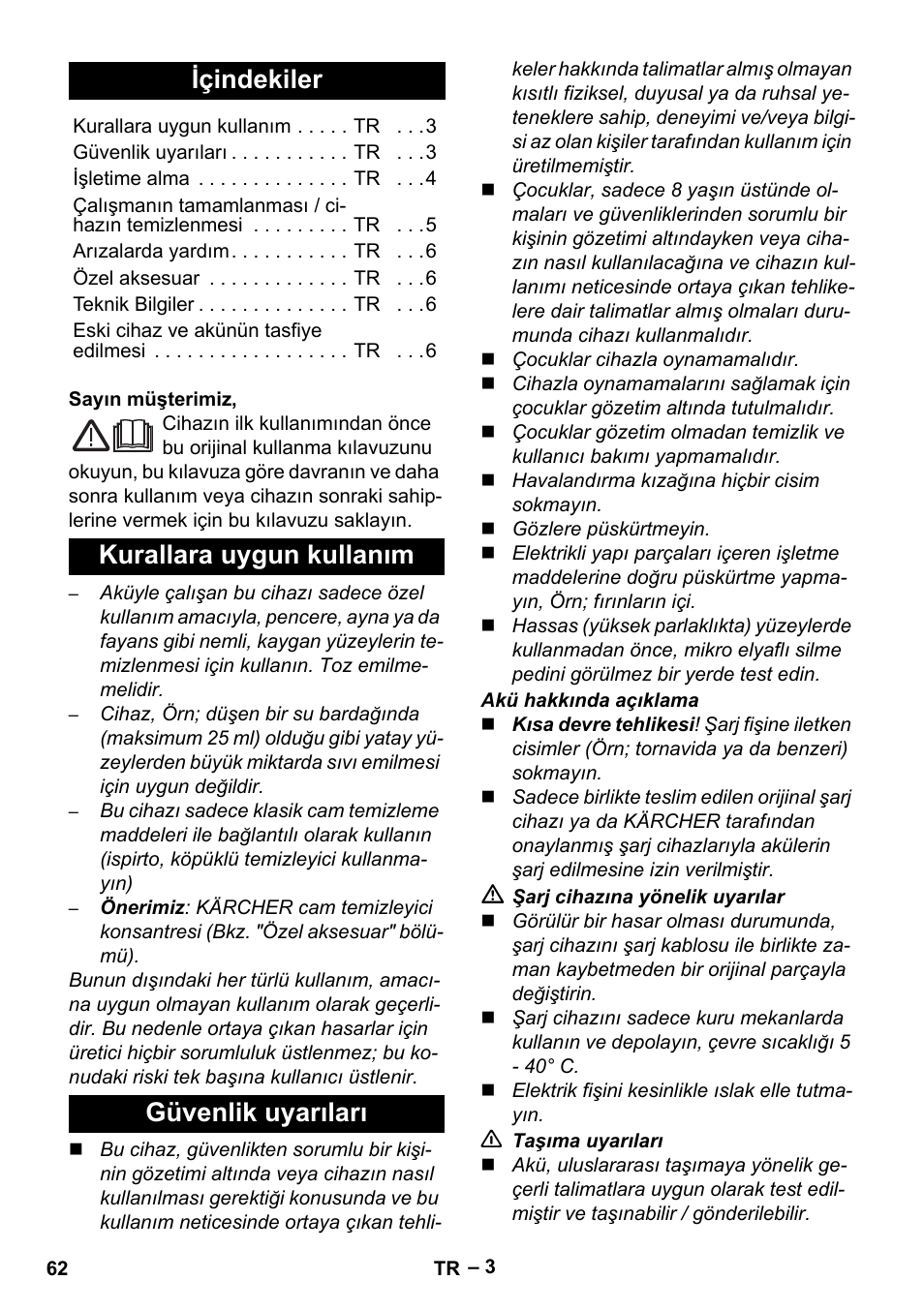 Türkçe, Içindekiler, Kurallara uygun kullanım güvenlik uyarıları | Karcher WV 75 plus User Manual | Page 62 / 144