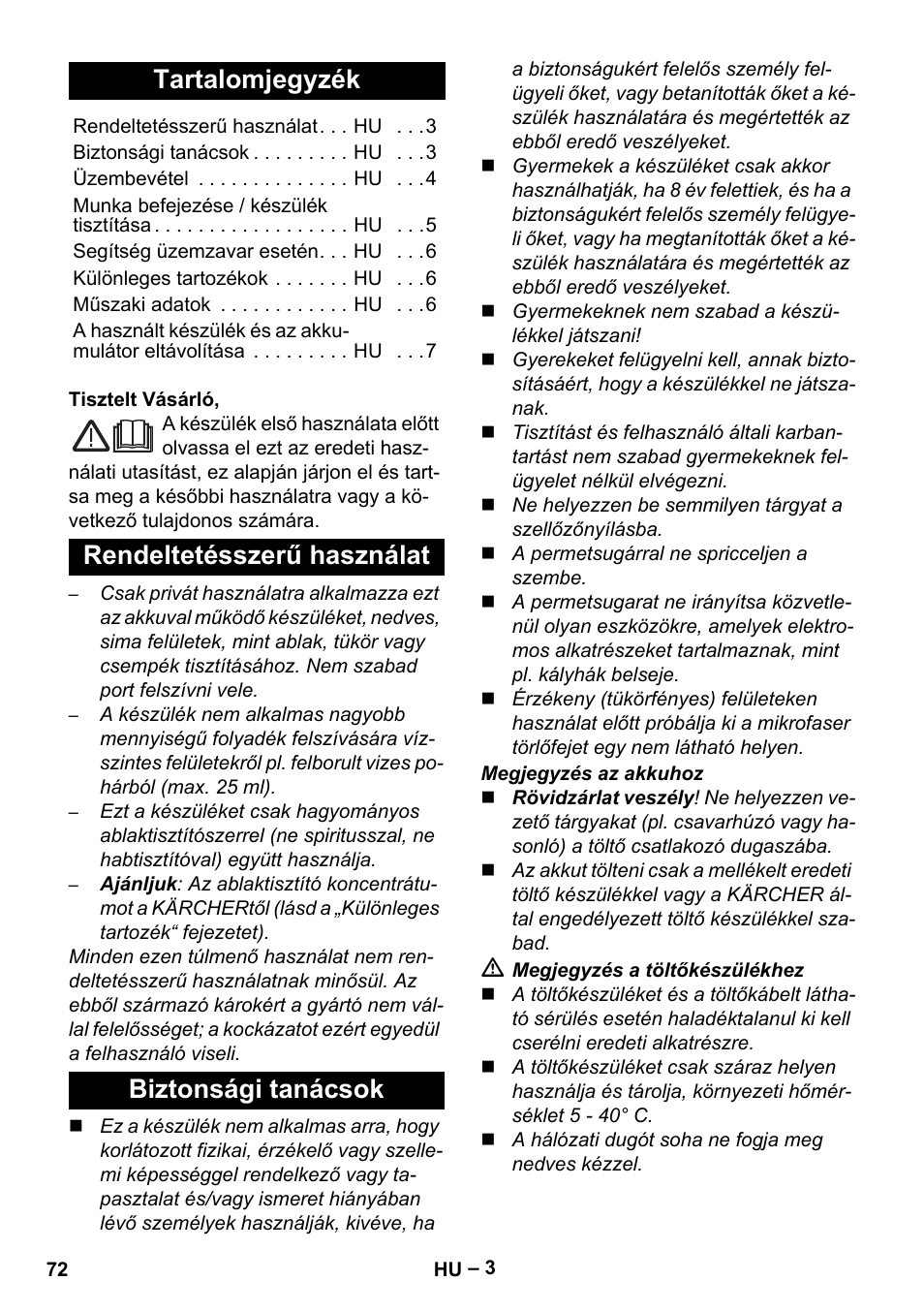 Magyar, Tartalomjegyzék, Rendeltetésszerű használat biztonsági tanácsok | Karcher WV 75 plus User Manual | Page 72 / 144