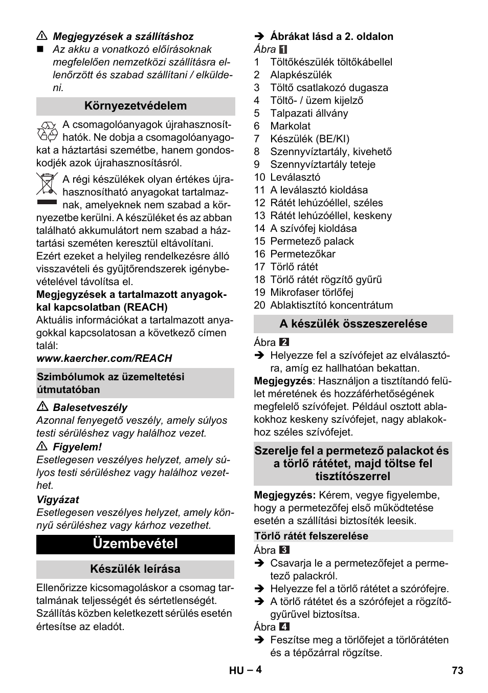 Üzembevétel | Karcher WV 75 plus User Manual | Page 73 / 144