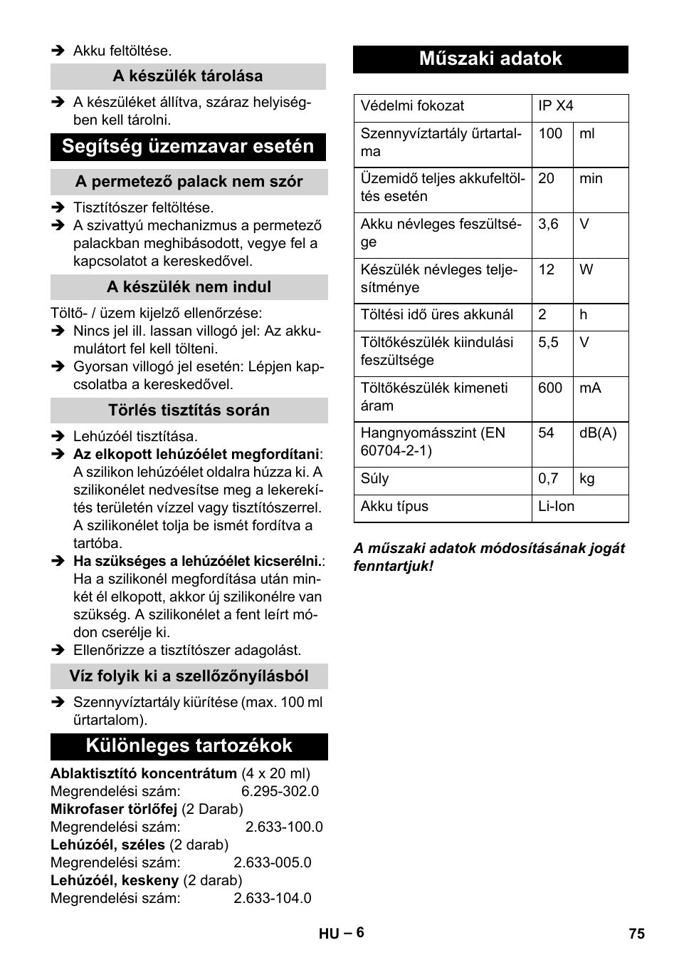 Segítség üzemzavar esetén, Különleges tartozékok műszaki adatok | Karcher WV 75 plus User Manual | Page 75 / 144