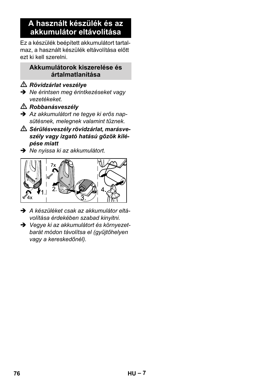 A használt készülék és az akkumulátor eltávolítása | Karcher WV 75 plus User Manual | Page 76 / 144