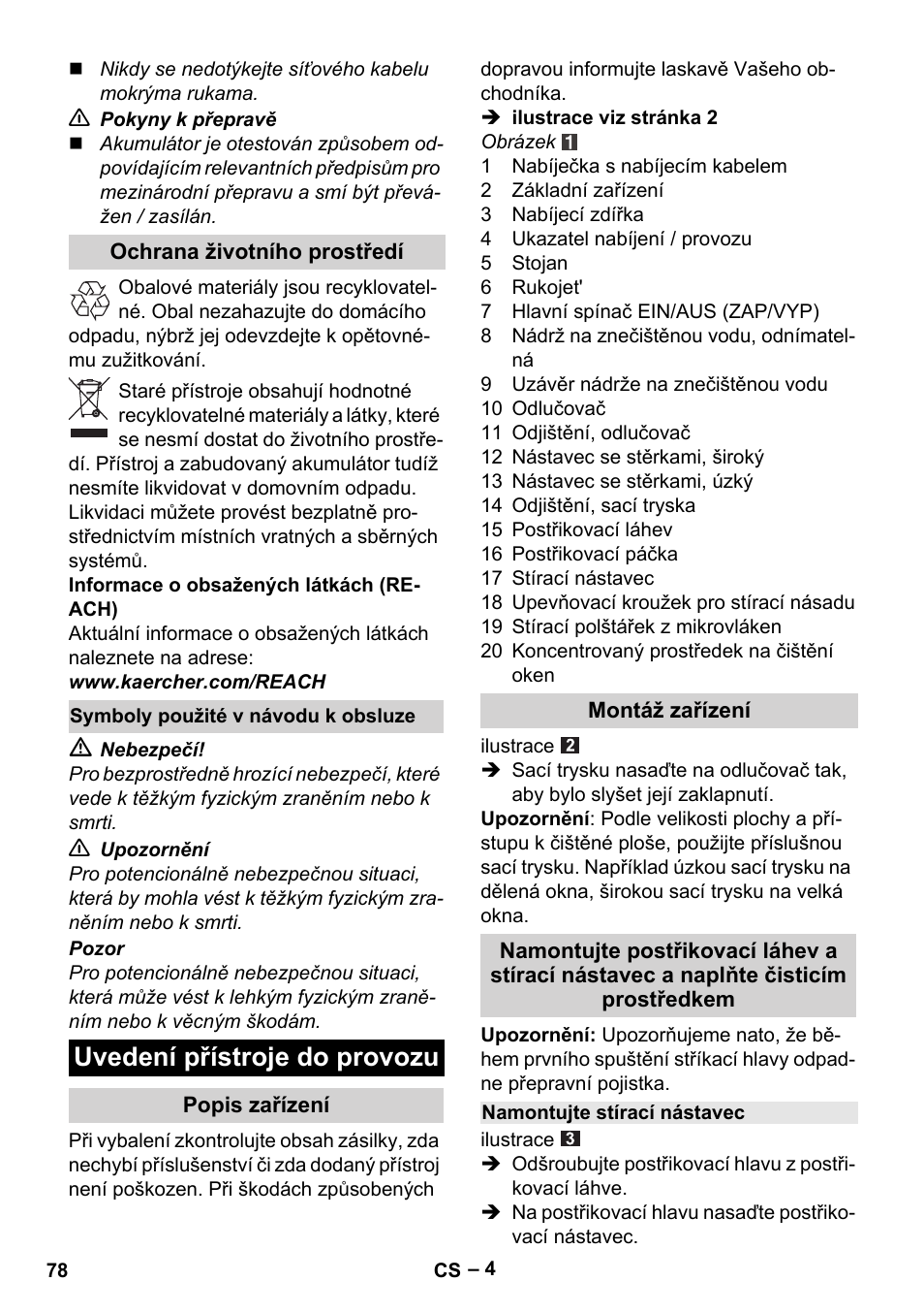 Uvedení přístroje do provozu | Karcher WV 75 plus User Manual | Page 78 / 144