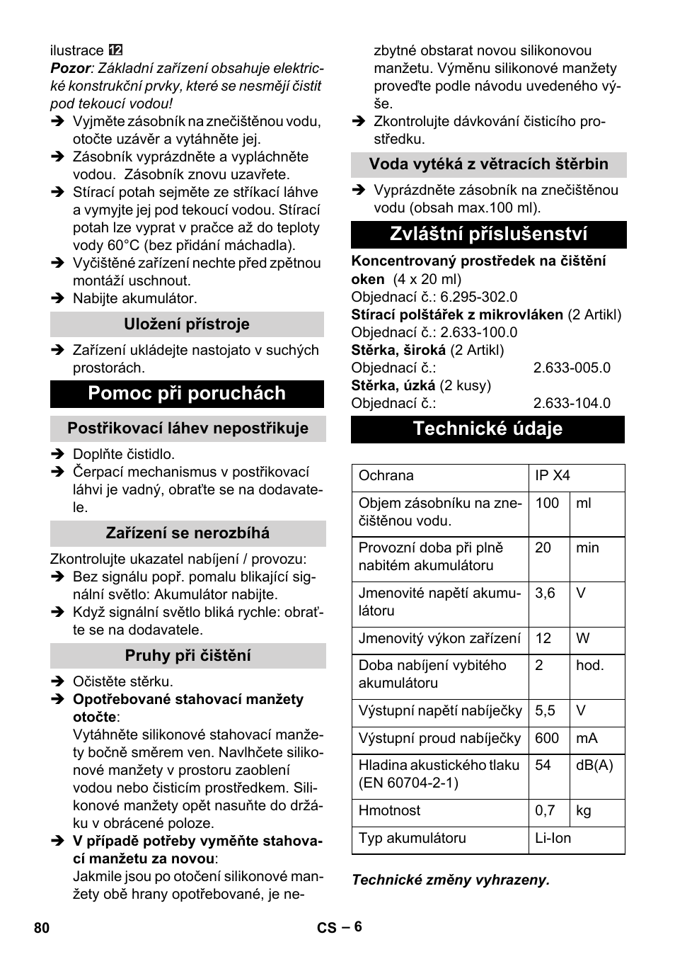 Pomoc při poruchách, Zvláštní příslušenství technické údaje | Karcher WV 75 plus User Manual | Page 80 / 144