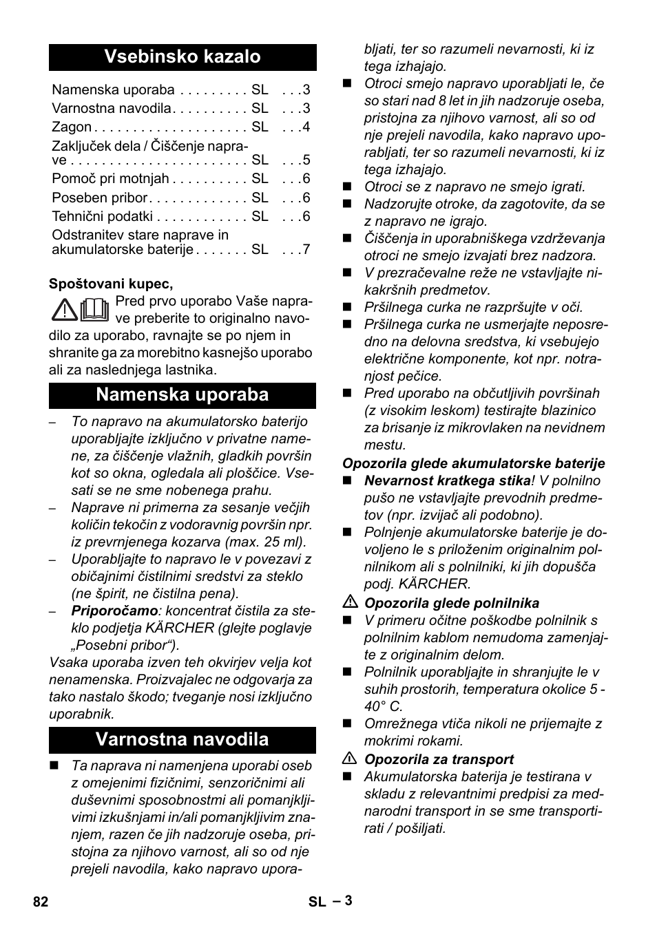 Slovenščina, Slovenšina, Vsebinsko kazalo | Namenska uporaba varnostna navodila | Karcher WV 75 plus User Manual | Page 82 / 144