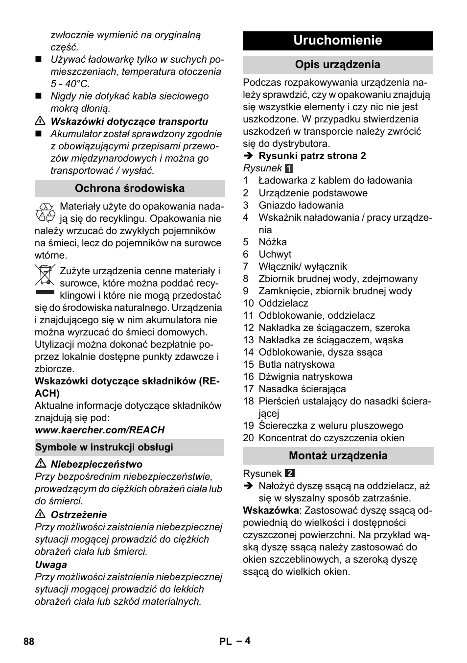 Uruchomienie | Karcher WV 75 plus User Manual | Page 88 / 144