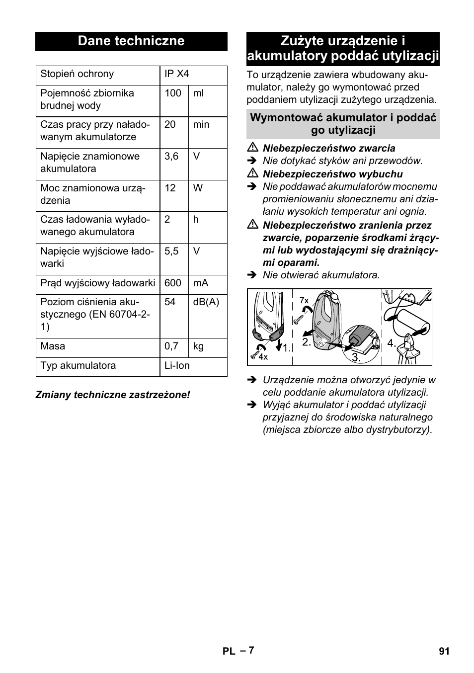 Dane techniczne, Zużyte urządzenie i akumulatory poddać utylizacji | Karcher WV 75 plus User Manual | Page 91 / 144