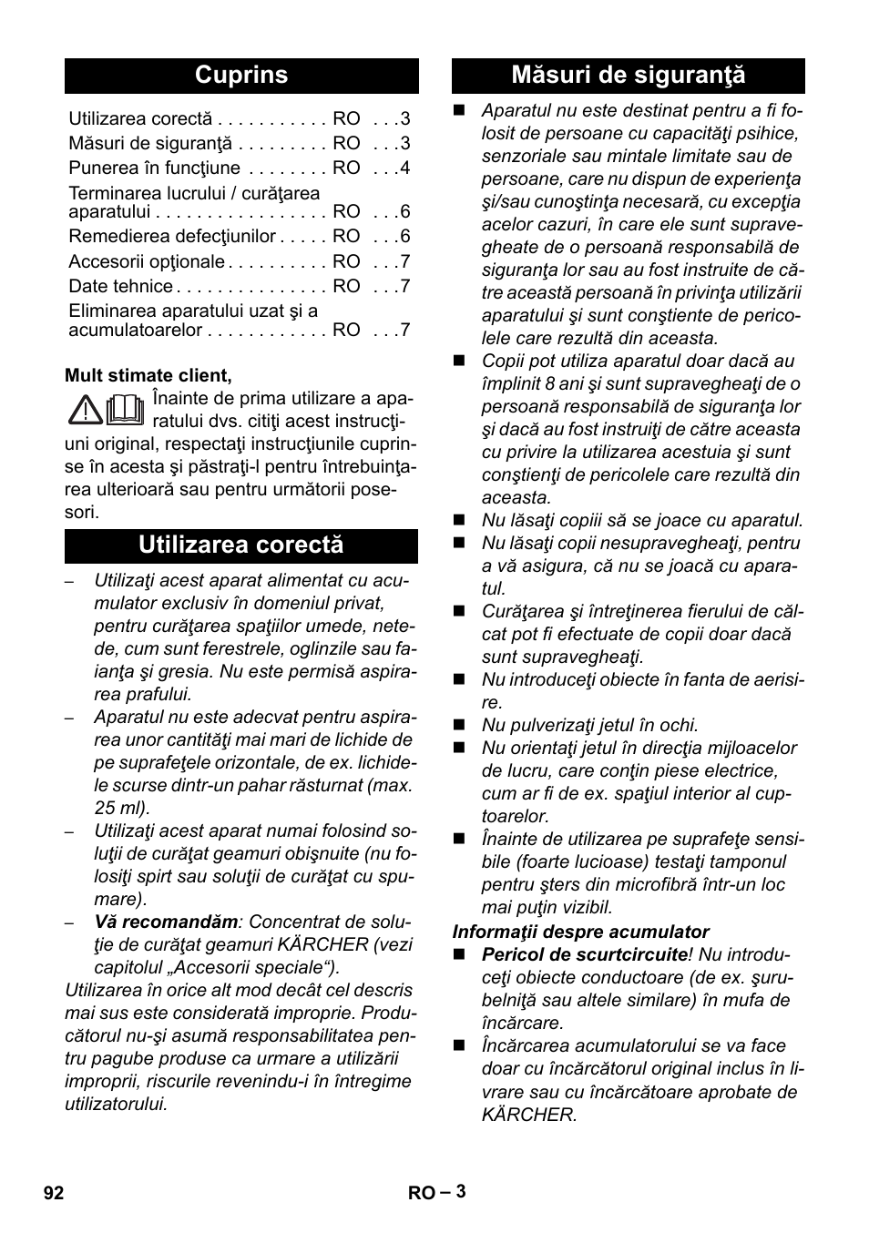 Româneşte, Românete, Cuprins | Utilizarea corectă măsuri de siguranţă | Karcher WV 75 plus User Manual | Page 92 / 144