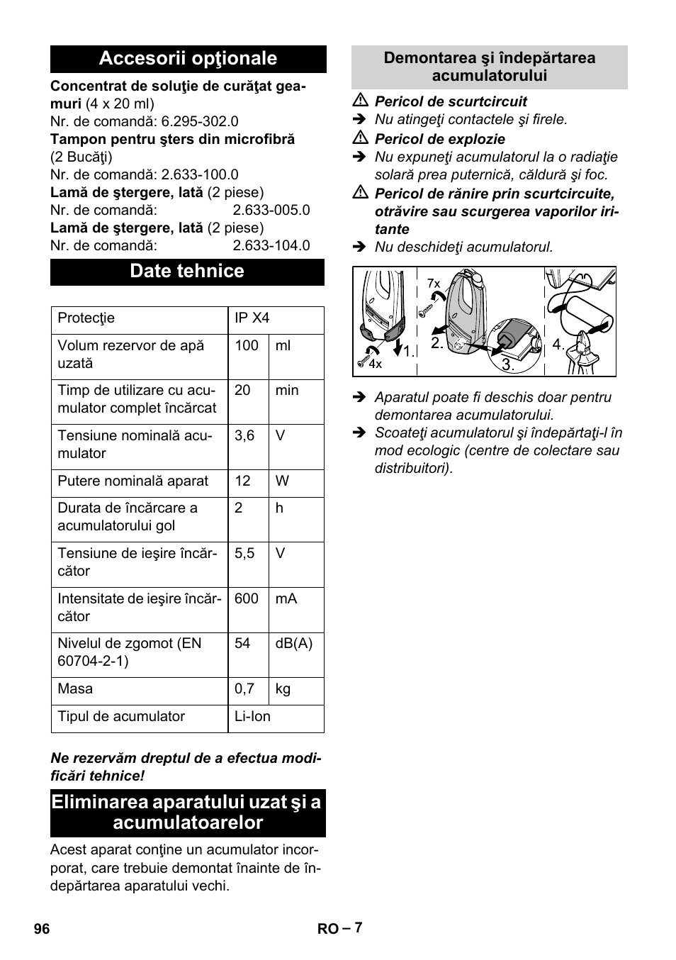 Accesorii opţionale date tehnice, Eliminarea aparatului uzat şi a acumulatoarelor | Karcher WV 75 plus User Manual | Page 96 / 144