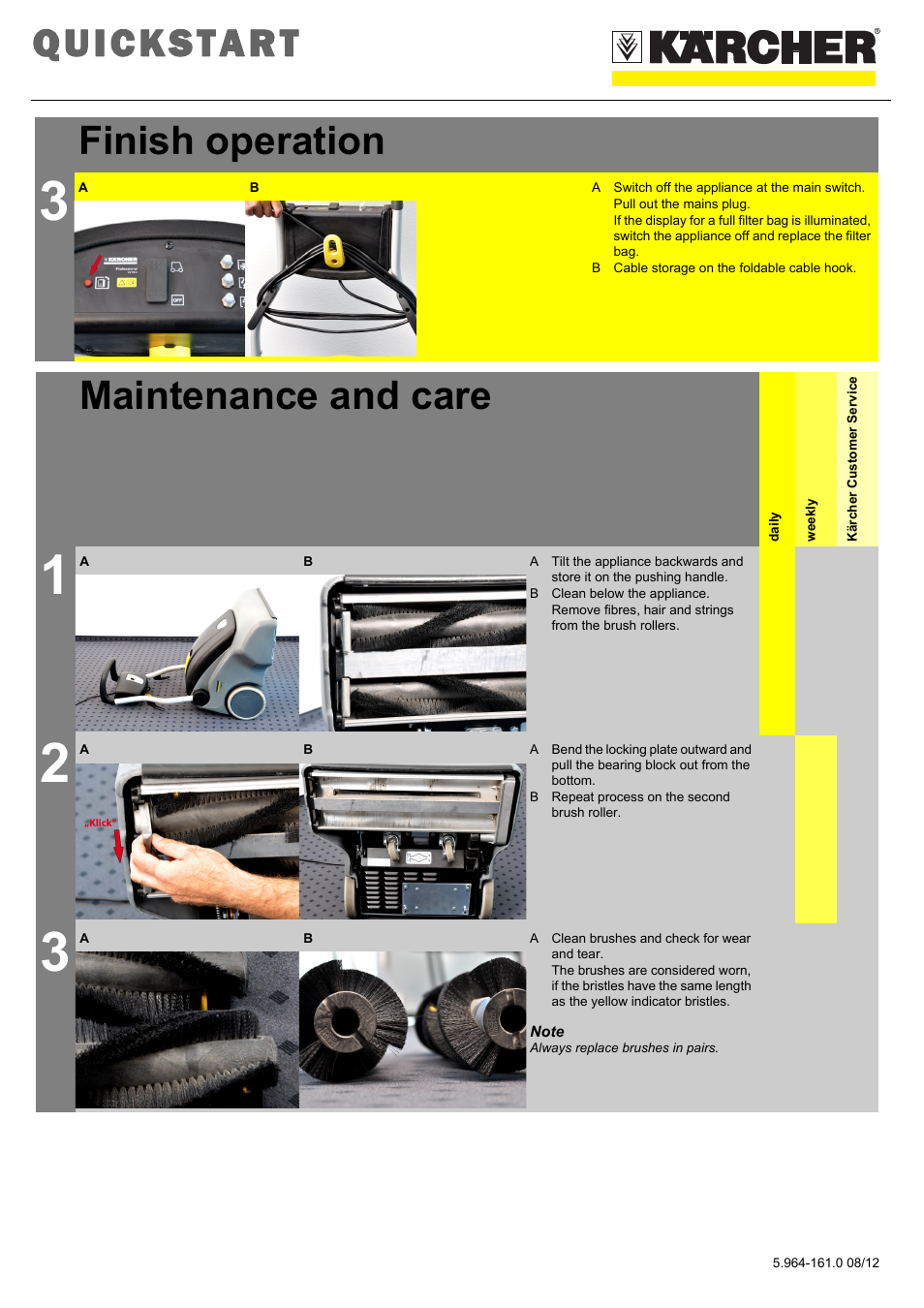 Quickstart, Finish operation, Maintenance and care | Karcher CV 66-2 User Manual | Page 2 / 2