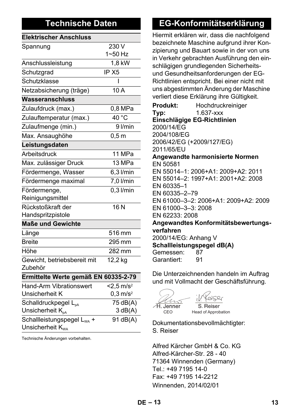 Technische daten, Eg-konformitätserklärung | Karcher K 4 Compact Car User Manual | Page 13 / 46